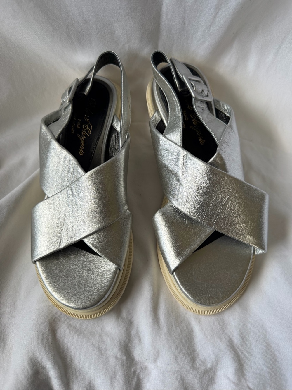 Robert Clergerie Metallic Silver Crisscross Slingback Sandals